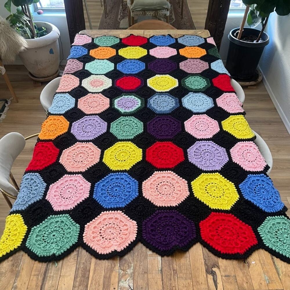 Vintage Granny Hexagonal Crochet Throw Blanket Multicolor 38” x 60”